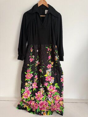 Mr. Robert Woman Black Top W/Floral Quilted Skirt Long Sleeves Maxi Dress Size M